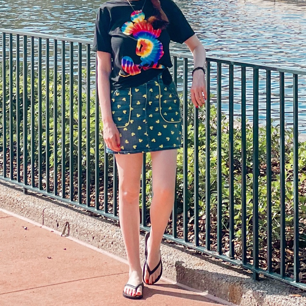 Disney denim mini skirt with neon green Mickey print